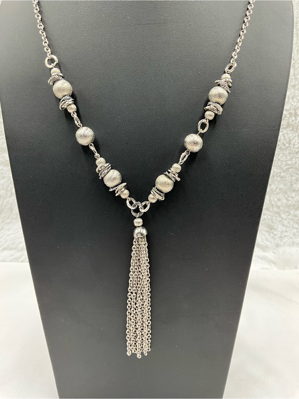 Silver-Tone Tassel Pendant Textured Bead Statement Necklace - Women Jewelry